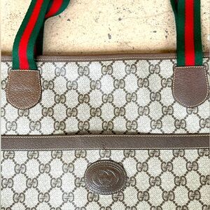 Brown Large Gucci Vintage Tote Bag Purse Red Green Stripe Handle Double G GG
